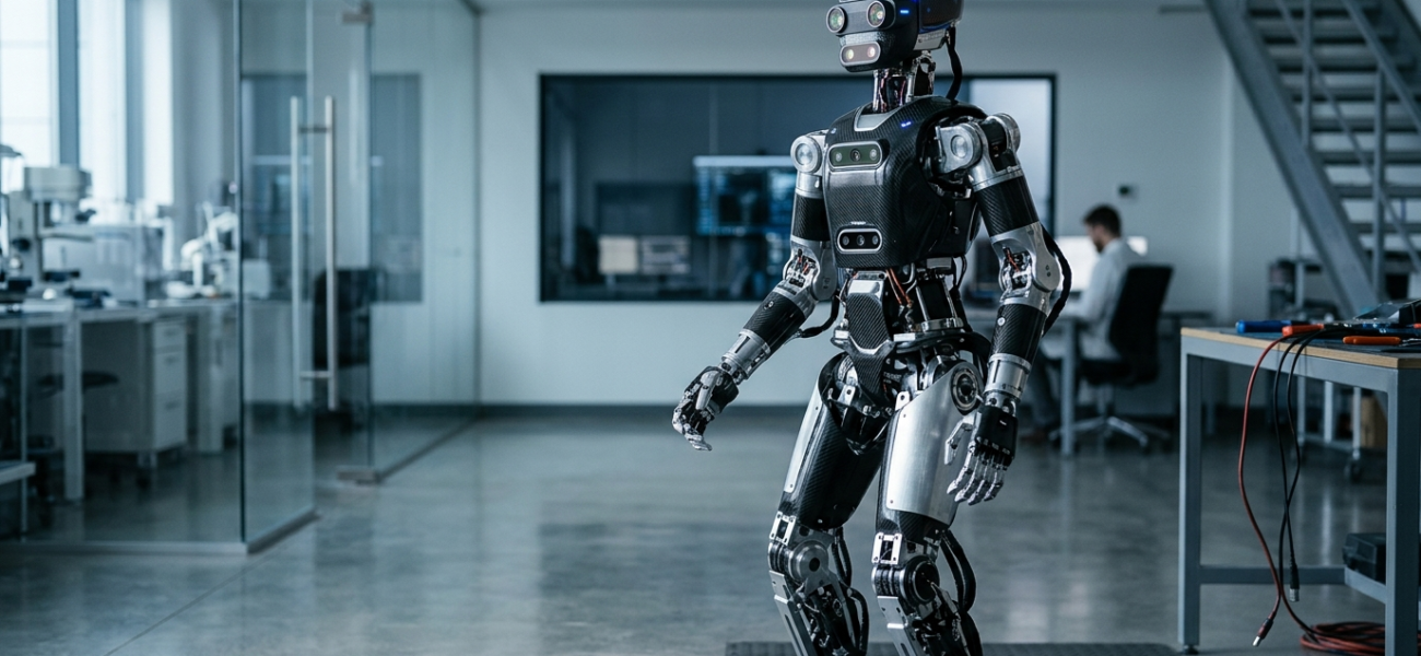Robot badawczy Agile ONE SN z karbonu w laboratorium. Fizyczna sztuczna inteligencja, nauka i technologie przyszłości, Polska i świat. Precyzyjna konstrukcja.