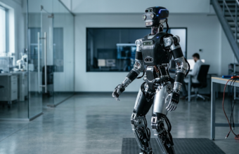 Robot badawczy Agile ONE SN z karbonu w laboratorium. Fizyczna sztuczna inteligencja, nauka i technologie przyszłości, Polska i świat. Precyzyjna konstrukcja.