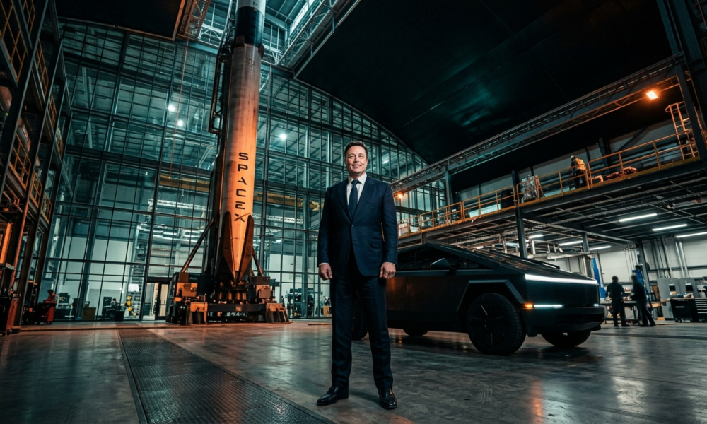 Elon Musk w futurystycznym hangarze między samochodem Tesla a rakietą SpaceX. Kinowy portret symbolizujący fuzję gigantów technologii i nowoczesny biznes tech.