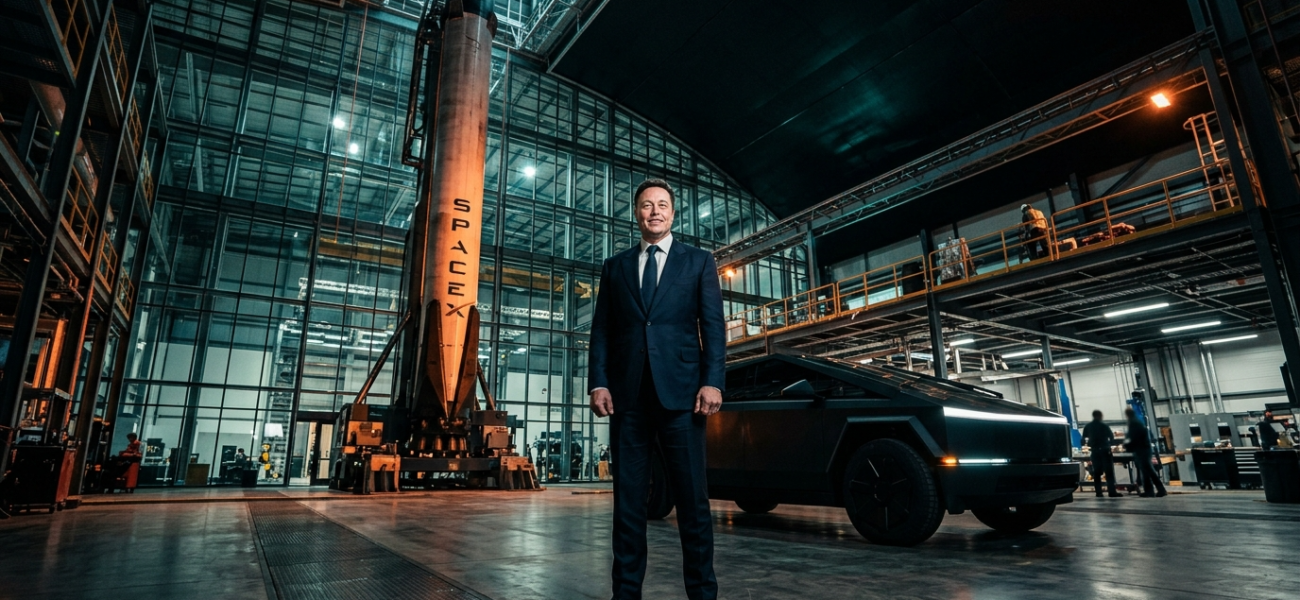 Elon Musk w futurystycznym hangarze między samochodem Tesla a rakietą SpaceX. Kinowy portret symbolizujący fuzję gigantów technologii i nowoczesny biznes tech.