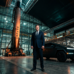 Elon Musk potwierdził rozmowy o fuzji Tesli ze SpaceX Elon Musk w futurystycznym hangarze między samochodem Tesla a rakietą SpaceX. Kinowy portret symbolizujący fuzję gigantów technologii i nowoczesny biznes tech.