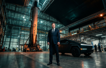 Elon Musk w futurystycznym hangarze między samochodem Tesla a rakietą SpaceX. Kinowy portret symbolizujący fuzję gigantów technologii i nowoczesny biznes tech.