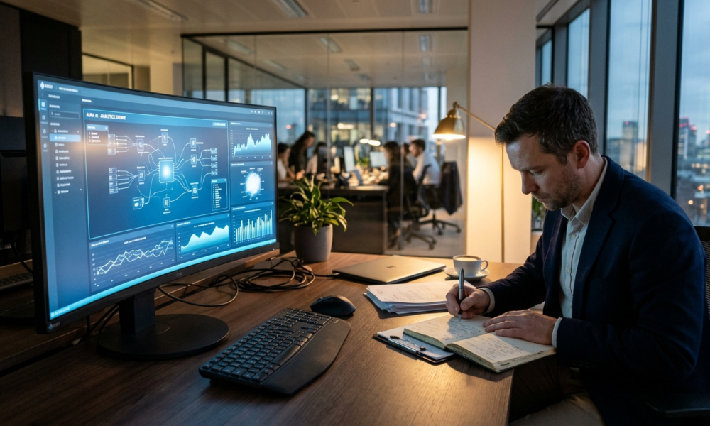 Interfejs AI na niebieskim monitorze i pracownik z notatnikiem. Biznes i rynek tech, Polska i świat. Sztuczna inteligencja w biurze i nieużywane oprogramowanie.