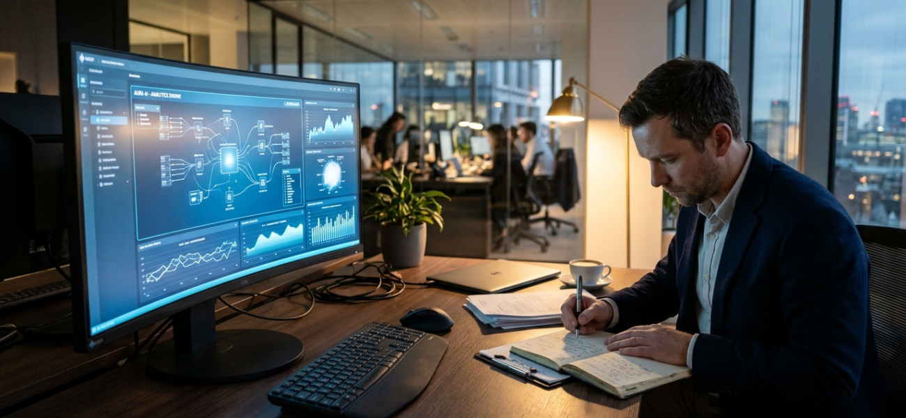 Interfejs AI na niebieskim monitorze i pracownik z notatnikiem. Biznes i rynek tech, Polska i świat. Sztuczna inteligencja w biurze i nieużywane oprogramowanie.