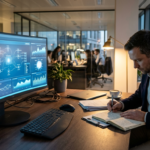 Polskie firmy płacą za sztuczną inteligencję której pracownicy unikają Interfejs AI na niebieskim monitorze i pracownik z notatnikiem. Biznes i rynek tech, Polska i świat. Sztuczna inteligencja w biurze i nieużywane oprogramowanie.