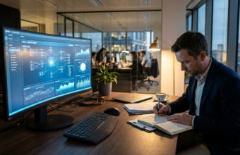 Interfejs AI na niebieskim monitorze i pracownik z notatnikiem. Biznes i rynek tech, Polska i świat. Sztuczna inteligencja w biurze i nieużywane oprogramowanie.