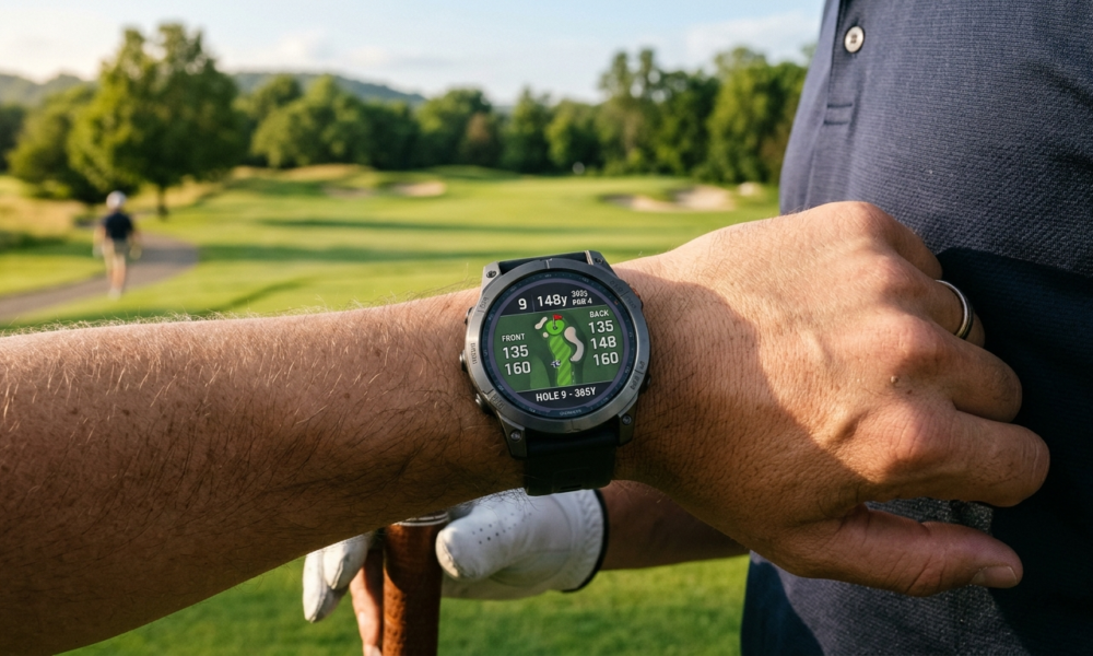 Garmin Approach S72 z mapą GPS na nadgarstku golfisty. Tytanowy smartwatch premium na tle słonecznego pola golfowego. Sport, mobilność, Polska i świat.