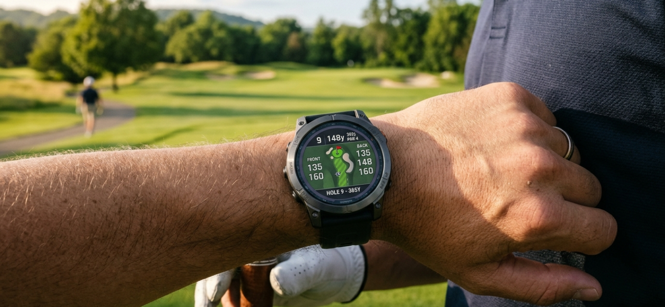 Garmin Approach S72 z mapą GPS na nadgarstku golfisty. Tytanowy smartwatch premium na tle słonecznego pola golfowego. Sport, mobilność, Polska i świat.