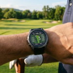 Garmin wydał flagowy zegarek Approach S72 dla wymagających golfistów Garmin Approach S72 z mapą GPS na nadgarstku golfisty. Tytanowy smartwatch premium na tle słonecznego pola golfowego. Sport, mobilność, Polska i świat.