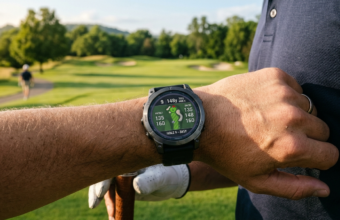 Garmin Approach S72 z mapą GPS na nadgarstku golfisty. Tytanowy smartwatch premium na tle słonecznego pola golfowego. Sport, mobilność, Polska i świat.