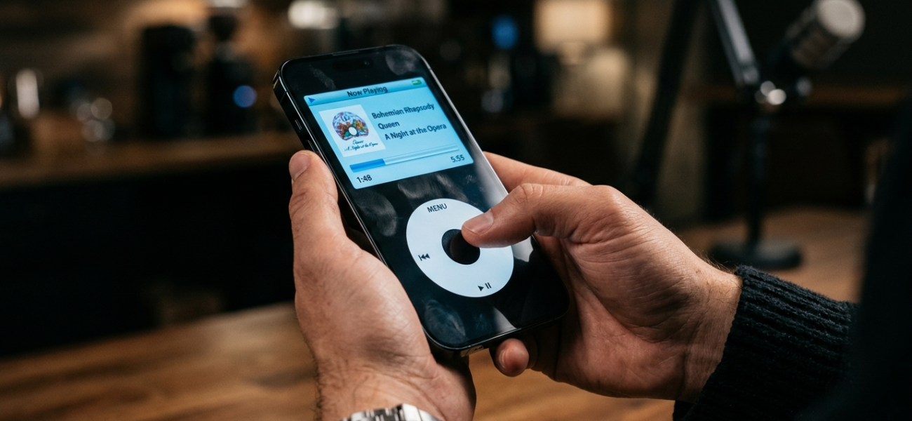 Interfejs wirtualnego iPoda classic z click wheel na ekranie smartfona w Apple Music. Nowoczesny gadżet i technologia retro. Polska i świat.