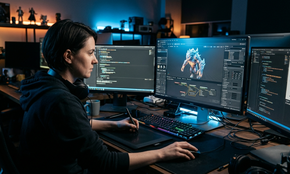 Stanowisko gamedev, niebieskie i pomarańczowe światło. AI tworzy detale w konkursie Epic Games. Polska i świat, gaming oraz nowoczesna sztuczna inteligencja.