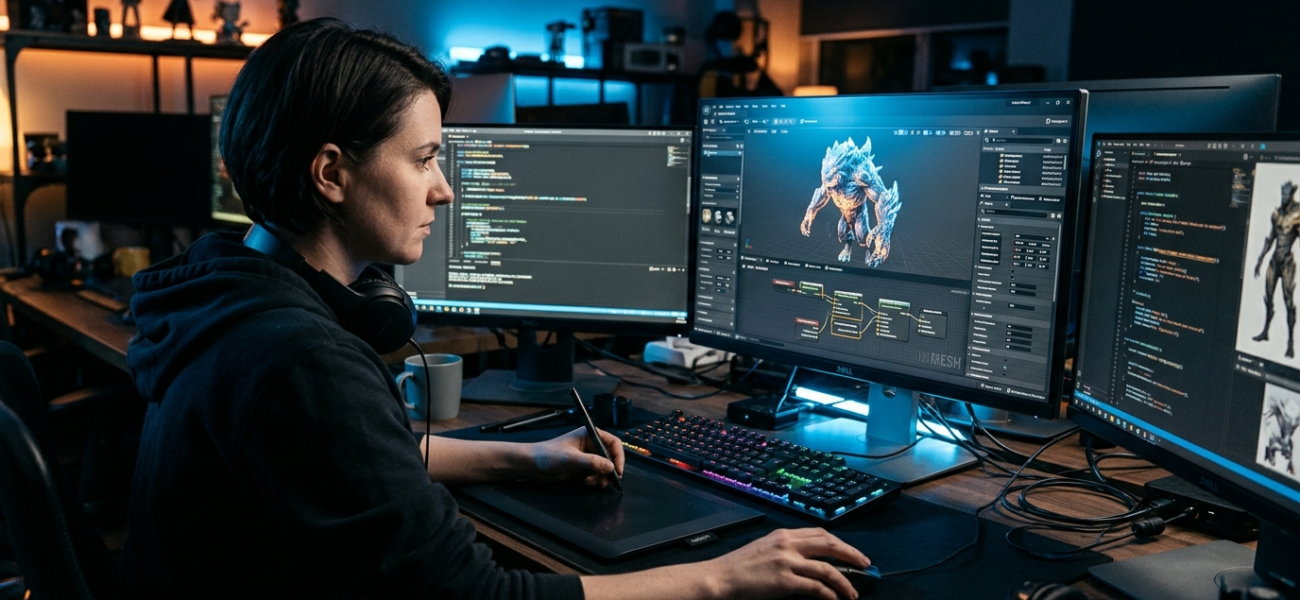 Stanowisko gamedev, niebieskie i pomarańczowe światło. AI tworzy detale w konkursie Epic Games. Polska i świat, gaming oraz nowoczesna sztuczna inteligencja.