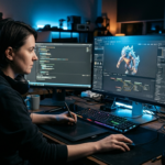 Stanowisko gamedev, niebieskie i pomarańczowe światło. AI tworzy detale w konkursie Epic Games. Polska i świat, gaming oraz nowoczesna sztuczna inteligencja.