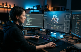 Stanowisko gamedev, niebieskie i pomarańczowe światło. AI tworzy detale w konkursie Epic Games. Polska i świat, gaming oraz nowoczesna sztuczna inteligencja.