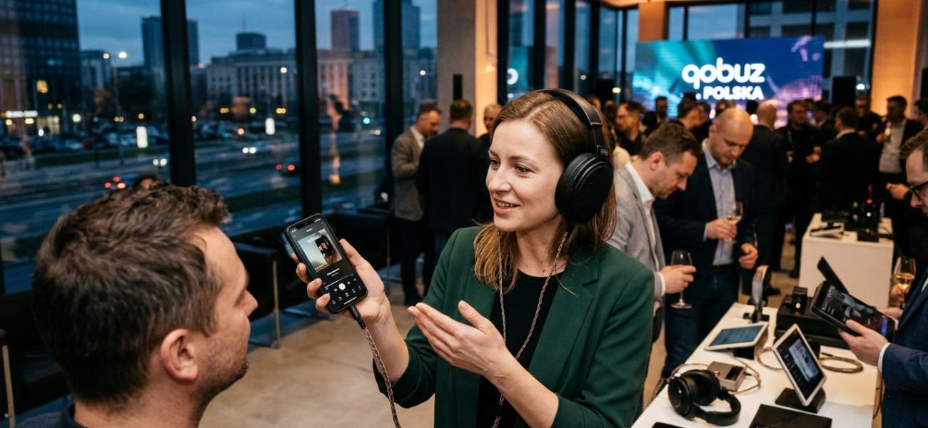 Słuchawki premium i smartfon z falą audio na biurku. Bezstratny dźwięk Qobuz debiutuje w sekcji biznes i rynek tech. Polska i świat.