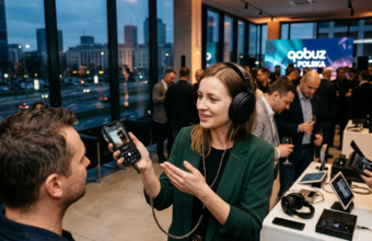 Słuchawki premium i smartfon z falą audio na biurku. Bezstratny dźwięk Qobuz debiutuje w sekcji biznes i rynek tech. Polska i świat.
