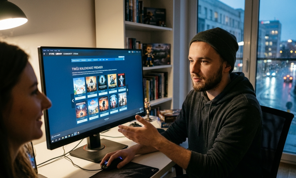 16-letni gracz przegląda spersonalizowany kalendarz premier Steam. Kultura cyfrowa i gaming w Polska i świat. Młody fan gier sprawdza propozycje na ekranie.