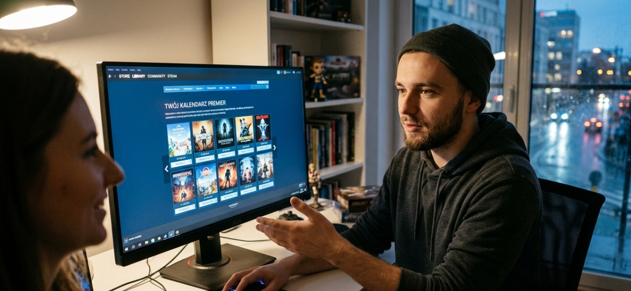 16-letni gracz przegląda spersonalizowany kalendarz premier Steam. Kultura cyfrowa i gaming w Polska i świat. Młody fan gier sprawdza propozycje na ekranie.