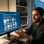 16-letni gracz przegląda spersonalizowany kalendarz premier Steam. Kultura cyfrowa i gaming w Polska i świat. Młody fan gier sprawdza propozycje na ekranie.