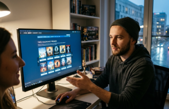 16-letni gracz przegląda spersonalizowany kalendarz premier Steam. Kultura cyfrowa i gaming w Polska i świat. Młody fan gier sprawdza propozycje na ekranie.