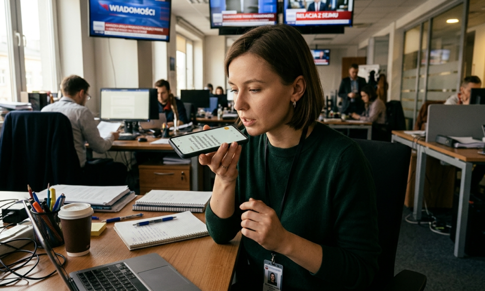 Amazon Polly przekształcający mowę w treść notatki na telefonie. Sztuczna inteligencja AI o ludzkim brzmieniu w kategorii dom i lifestyle tech.
