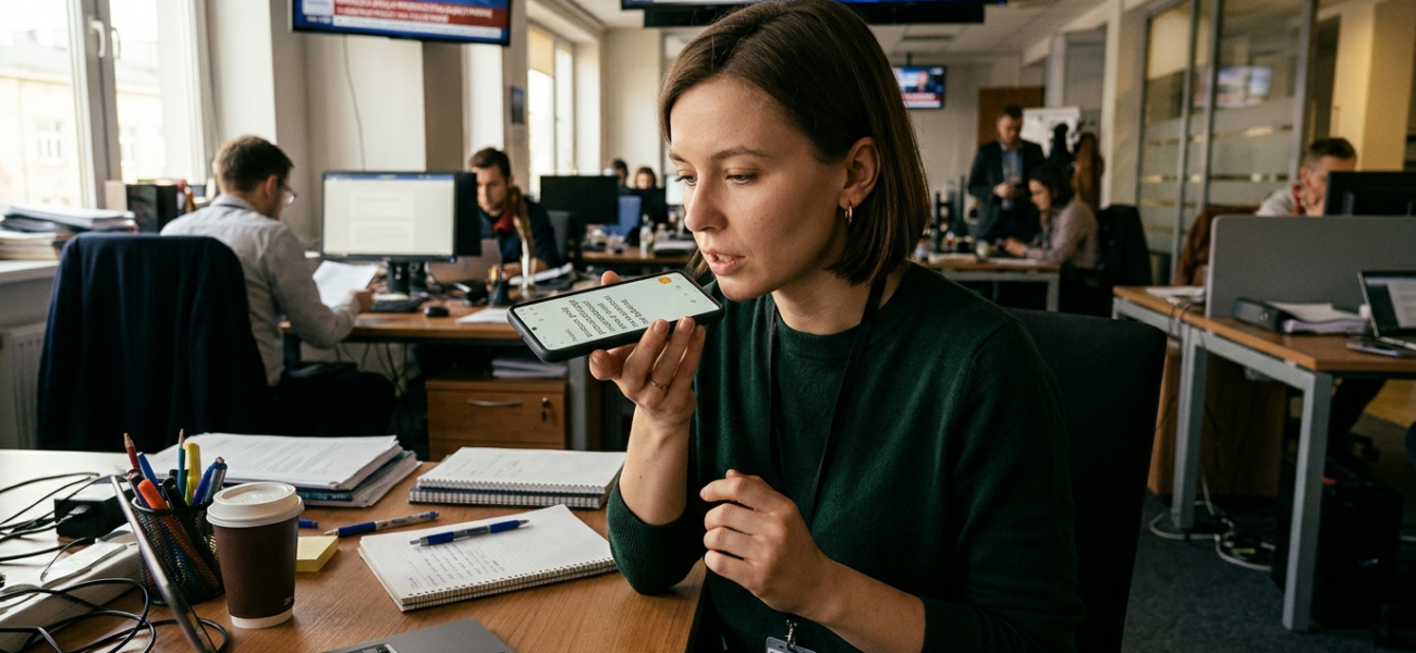 Amazon Polly przekształcający mowę w treść notatki na telefonie. Sztuczna inteligencja AI o ludzkim brzmieniu w kategorii dom i lifestyle tech.