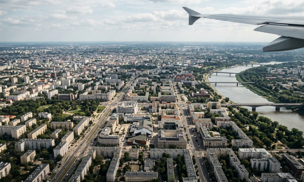 Widok z góry na budynki w warszawskiej dzielnicy Wola w Microsoft Flight Simulator. Realistyczna Polska i świat odwzorowane w grze z lotu ptaka.