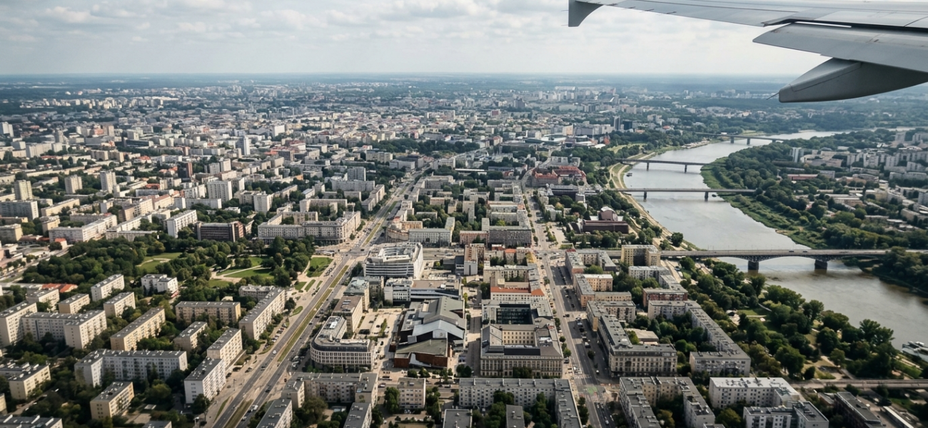 Widok z góry na budynki w warszawskiej dzielnicy Wola w Microsoft Flight Simulator. Realistyczna Polska i świat odwzorowane w grze z lotu ptaka.
