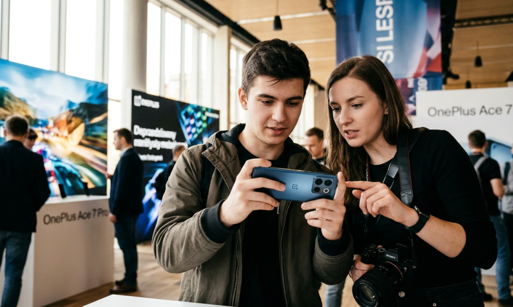OnePlus Ace 7 Pro w fioletowym neonie i świetle studyjnym. Elegancki smartfon z mocnym aparatem i ekranem, idealny dla graczy oraz mobilnych fotografów.