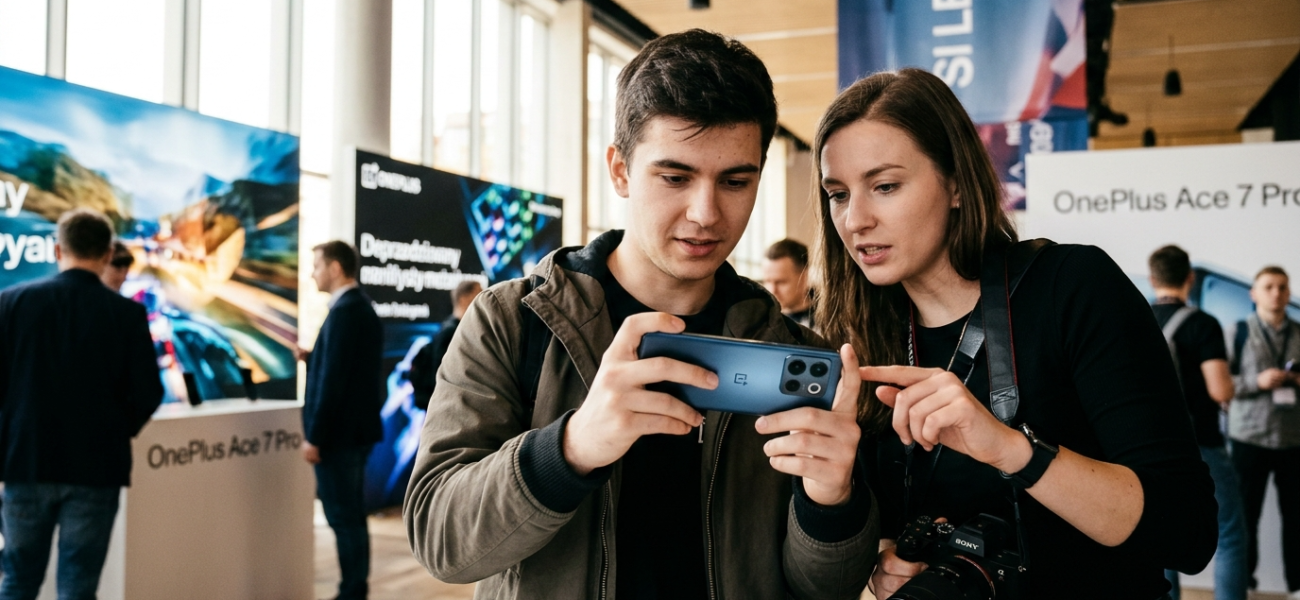 OnePlus Ace 7 Pro w fioletowym neonie i świetle studyjnym. Elegancki smartfon z mocnym aparatem i ekranem, idealny dla graczy oraz mobilnych fotografów.