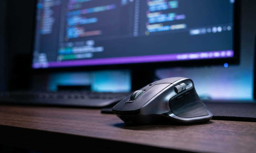 Ergonomiczna mysz Logitech MX Master 4 na ciemnym biurku, w tle kod na ekranie. Komputery, AI i oprogramowanie dla programistów, Polska i świat.