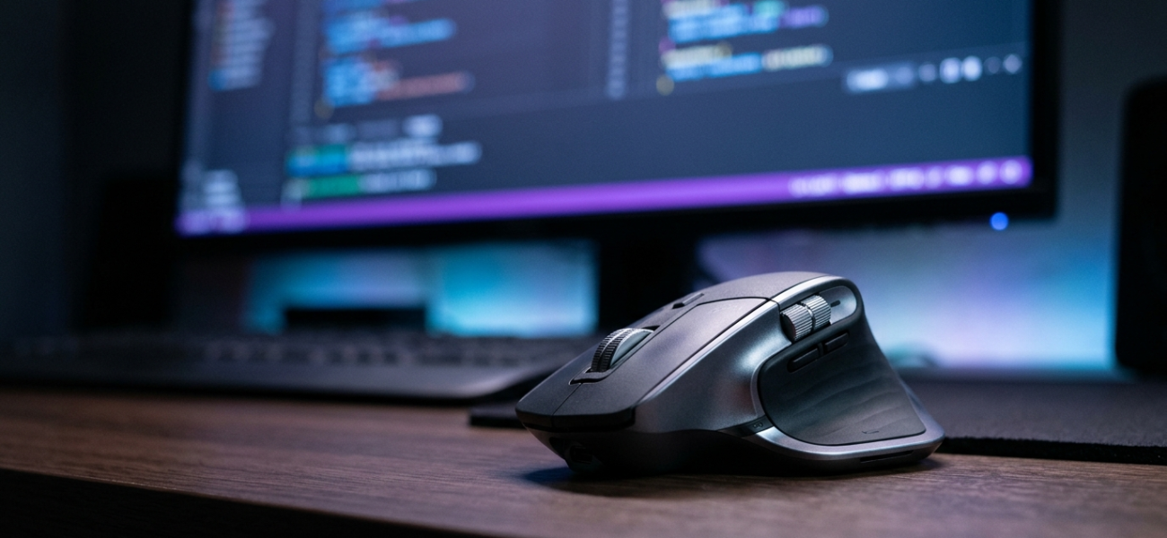 Ergonomiczna mysz Logitech MX Master 4 na ciemnym biurku, w tle kod na ekranie. Komputery, AI i oprogramowanie dla programistów, Polska i świat.