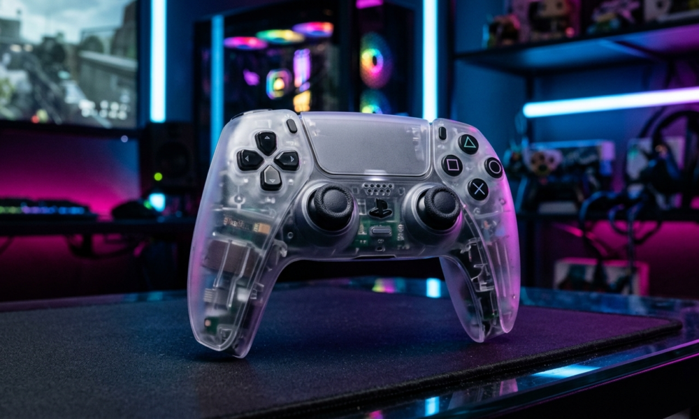 Przezroczysty pad DualSense do PlayStation 5 z widoczną elektroniką i neonowym podświetleniem. Nowa kolekcja akcesoriów PS5, gaming – Polska i świat.