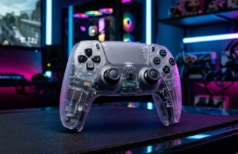 Przezroczysty pad DualSense do PlayStation 5 z widoczną elektroniką i neonowym podświetleniem. Nowa kolekcja akcesoriów PS5, gaming – Polska i świat.