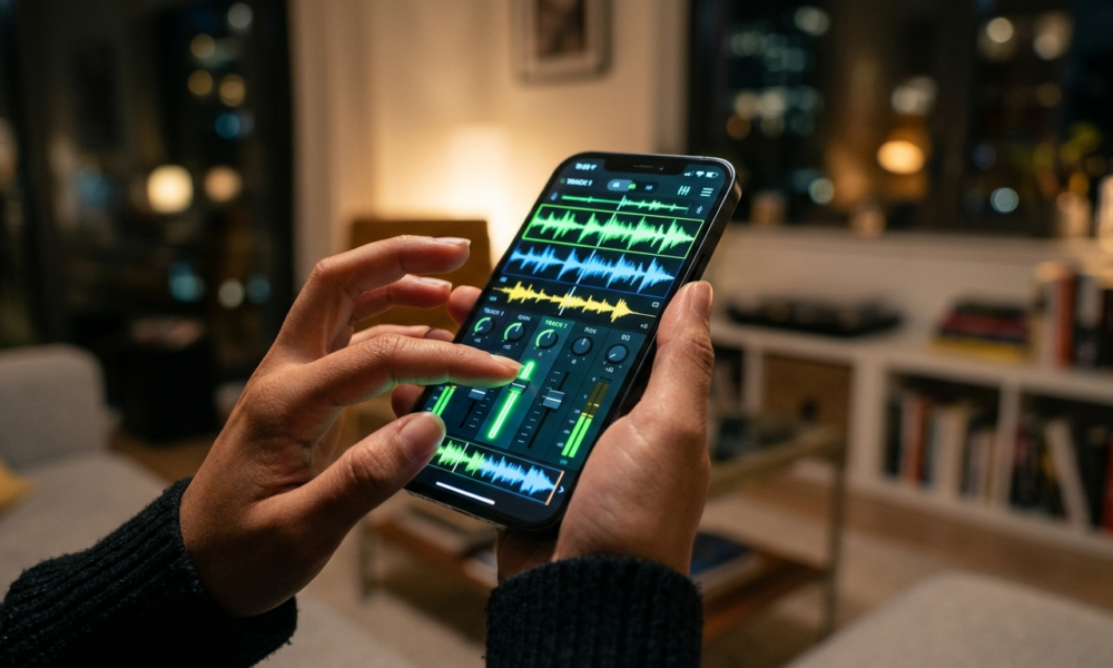 Dłonie miksujące muzykę AI w Spotify na smartfonie. Neonowe fale audio i suwaki na ekranie w nowoczesnym wnętrzu. Lifestyle tech, Polska i świat.