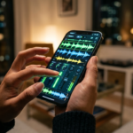 Dłonie miksujące muzykę AI w Spotify na smartfonie. Neonowe fale audio i suwaki na ekranie w nowoczesnym wnętrzu. Lifestyle tech, Polska i świat.