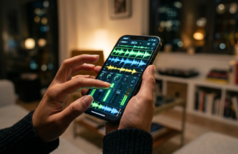 Dłonie miksujące muzykę AI w Spotify na smartfonie. Neonowe fale audio i suwaki na ekranie w nowoczesnym wnętrzu. Lifestyle tech, Polska i świat.